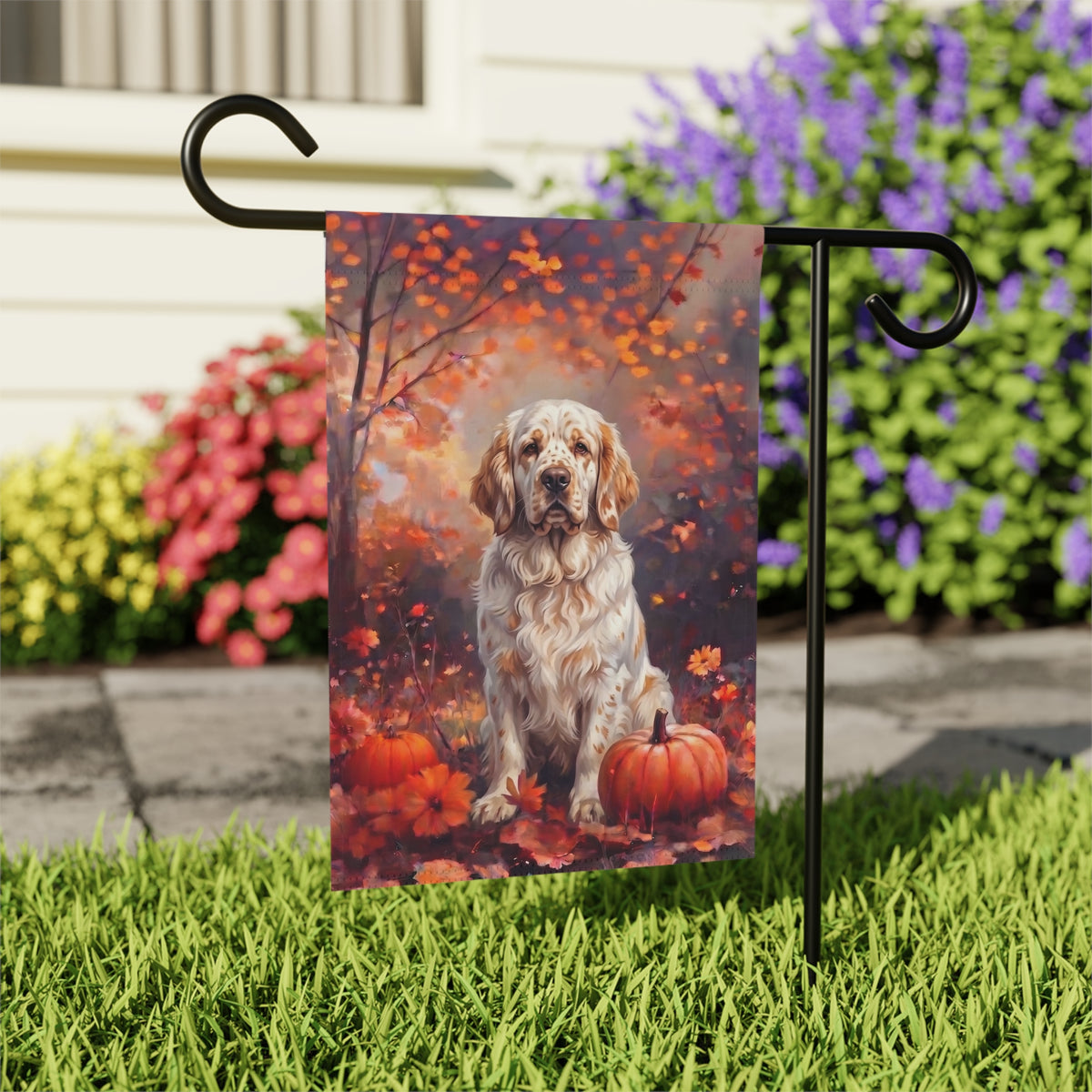 Fall Clumber Spaniel With Pumpkins house flag mounted on a wall bracket at an angle against a house exterior