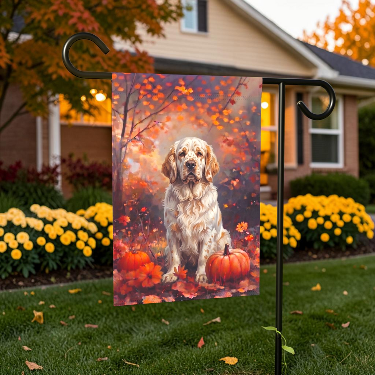 Fall Clumber Spaniel With Pumpkins displayed on a garden flag stand in an outdoor garden setting