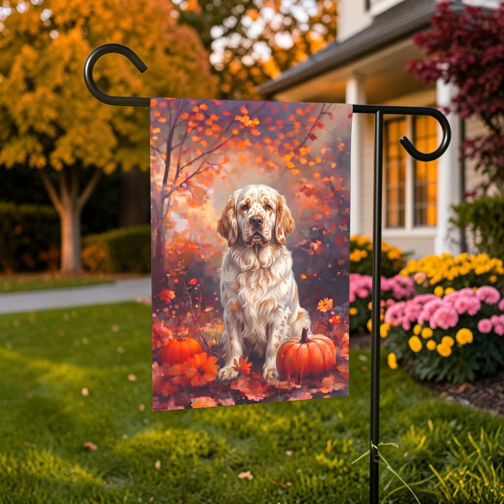 Fall Clumber Spaniel With Pumpkins shown on a stand near a walkway with autumn flowers