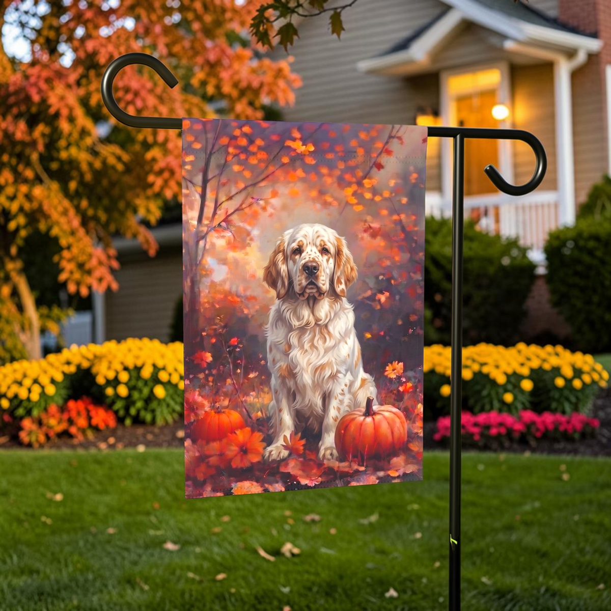 Fall Clumber Spaniel With Pumpkins on a garden flag stand in front of a house with autumn landscaping