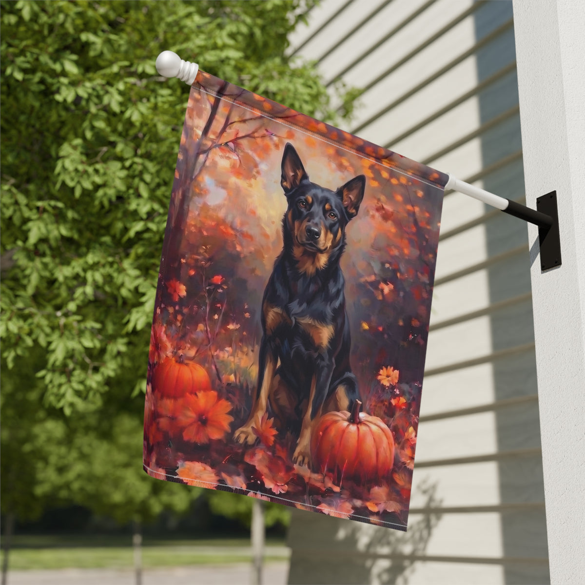 Garden flag size chart for the Fall Australian Kelpie With Pumpkins showing 12 inch by 18 inch dimensions with a 1.25 inch top sleeve