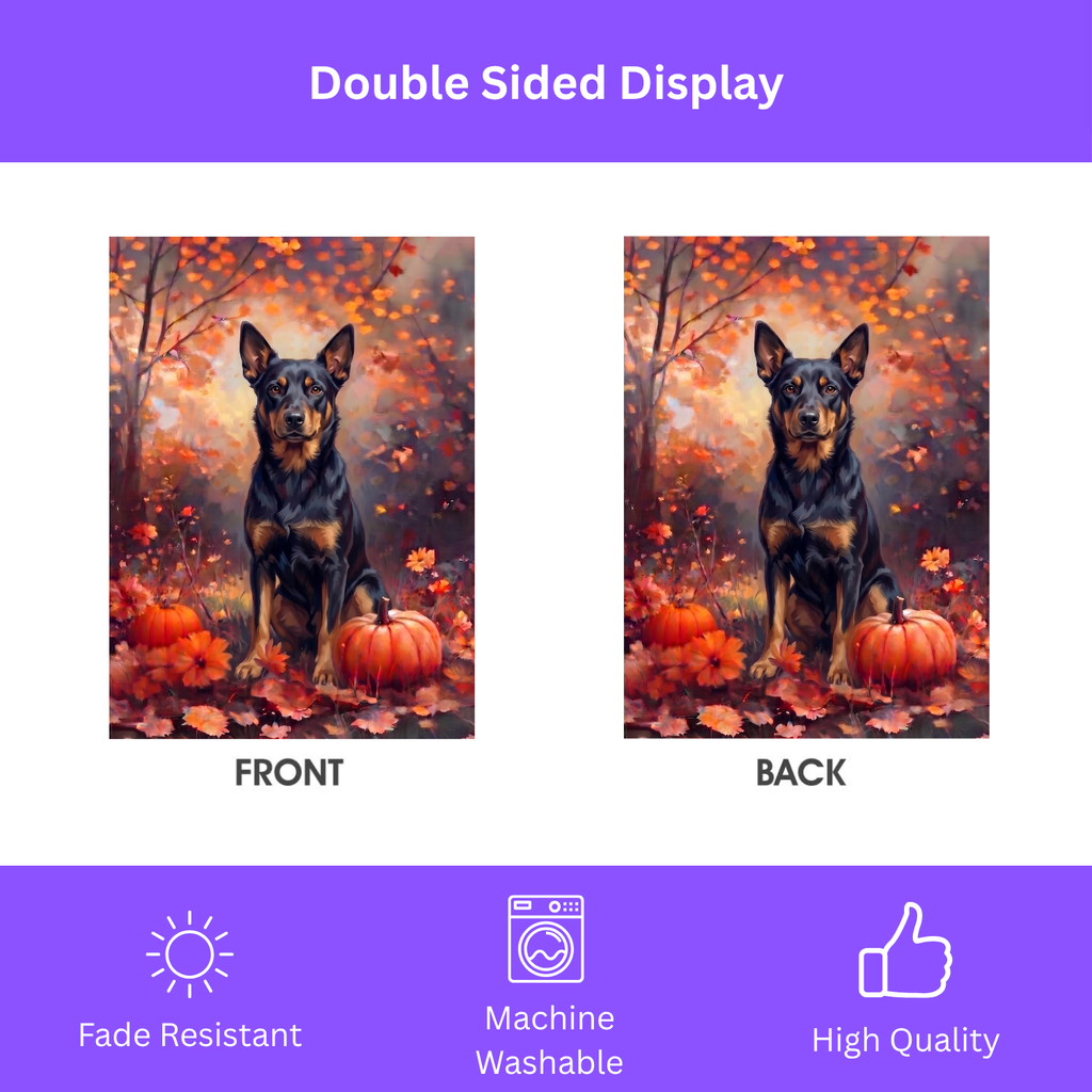 Fall Australian Kelpie With Pumpkins on a garden flag stand in a garden bed with fall flowers