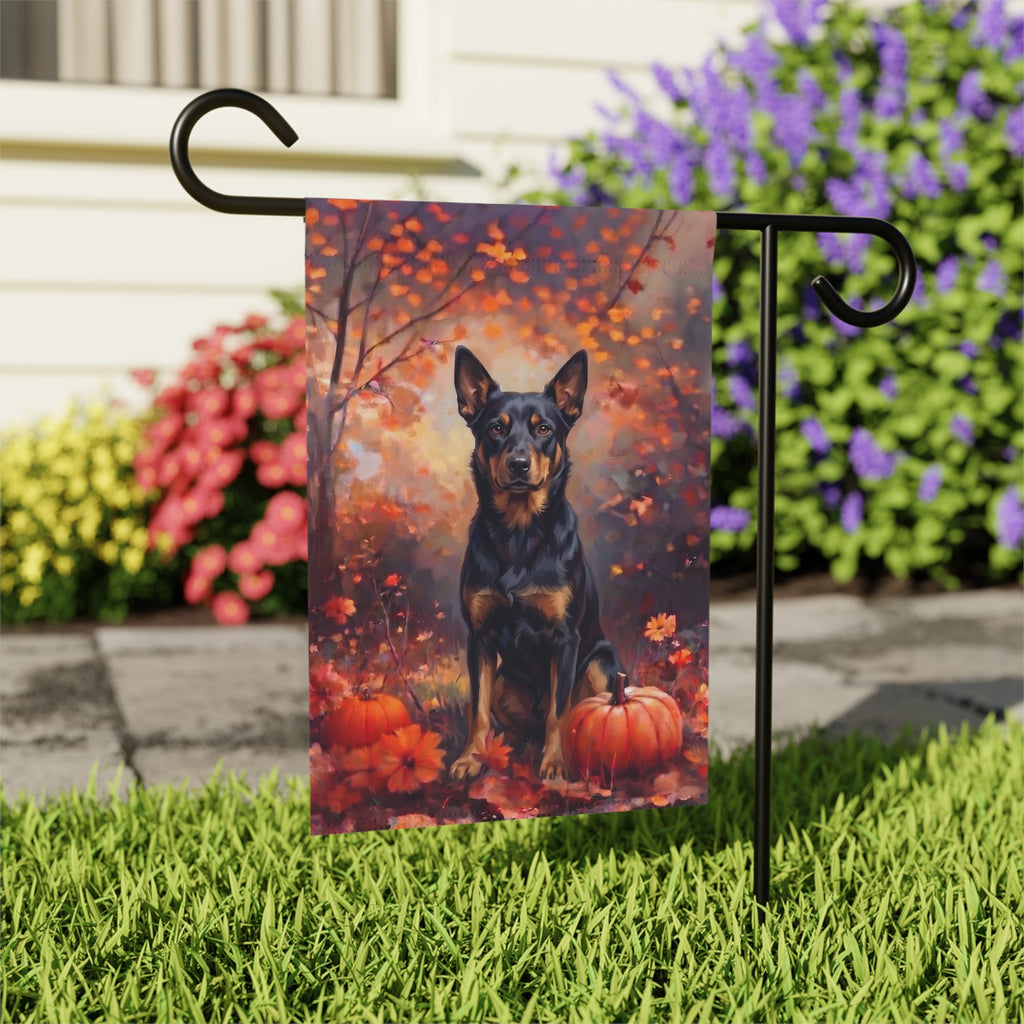 Fall Australian Kelpie With Pumpkins house flag mounted on a wall bracket at an angle against a house exterior
