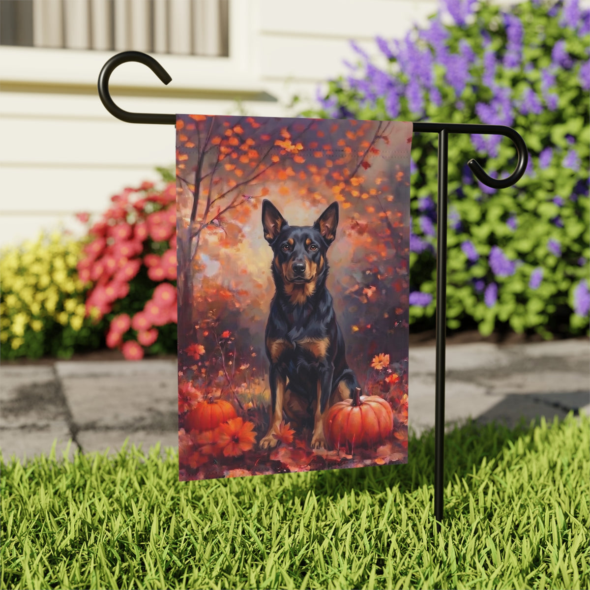 Fall Australian Kelpie With Pumpkins house flag mounted on a wall bracket at an angle against a house exterior