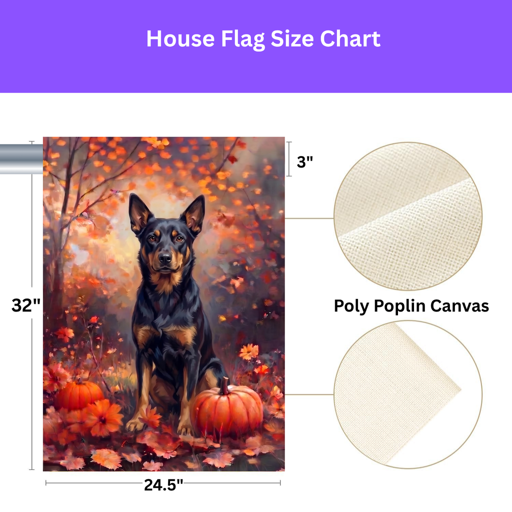 House flag size chart for the Fall Australian Kelpie With Pumpkins showing 24.5 inch by 32 inch dimensions with a 3 inch top sleeve