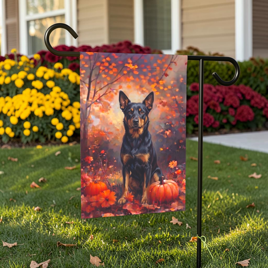 Fall Australian Kelpie With Pumpkins displayed on a garden flag stand in an outdoor garden setting