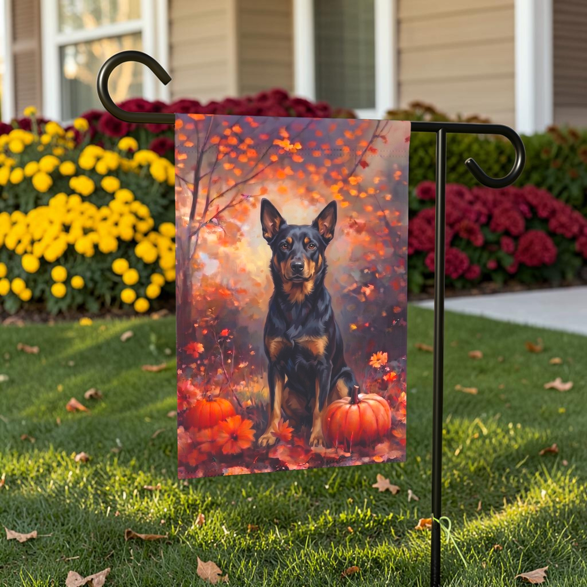 Fall Australian Kelpie With Pumpkins displayed on a garden flag stand in an outdoor garden setting