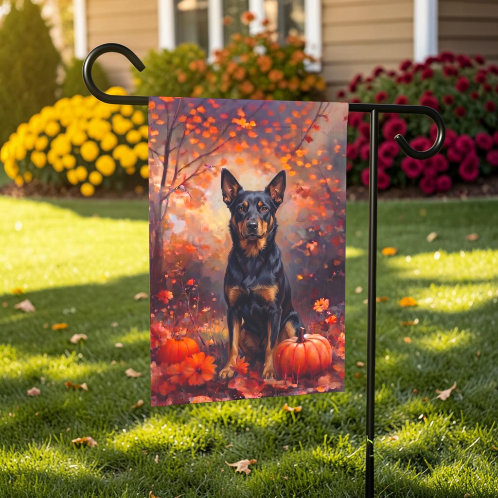 Fall Australian Kelpie With Pumpkins shown on a stand near a walkway with autumn flowers