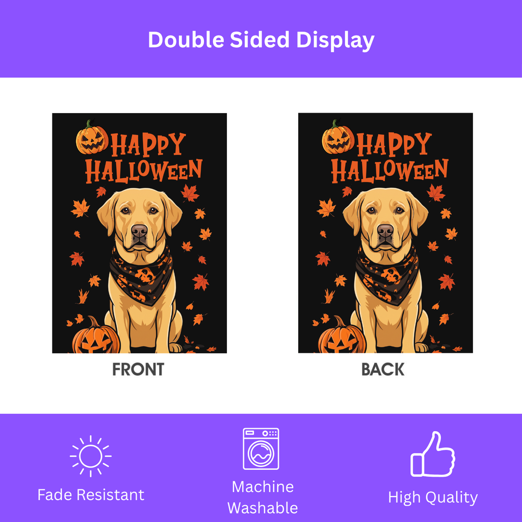 House flag size chart for the Little Pumpkin And Yellow Labrador Retriever Happy Halloween Garden Flag showing 24.5 inch by 32 inch dimensions with a 3 inch top sleeve