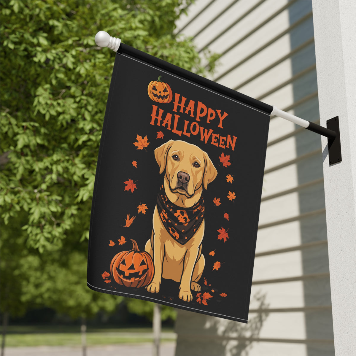 Garden flag size chart for the Little Pumpkin And Yellow Labrador Retriever Happy Halloween Garden Flag showing 12 inch by 18 inch dimensions with a 1.25 inch top sleeve