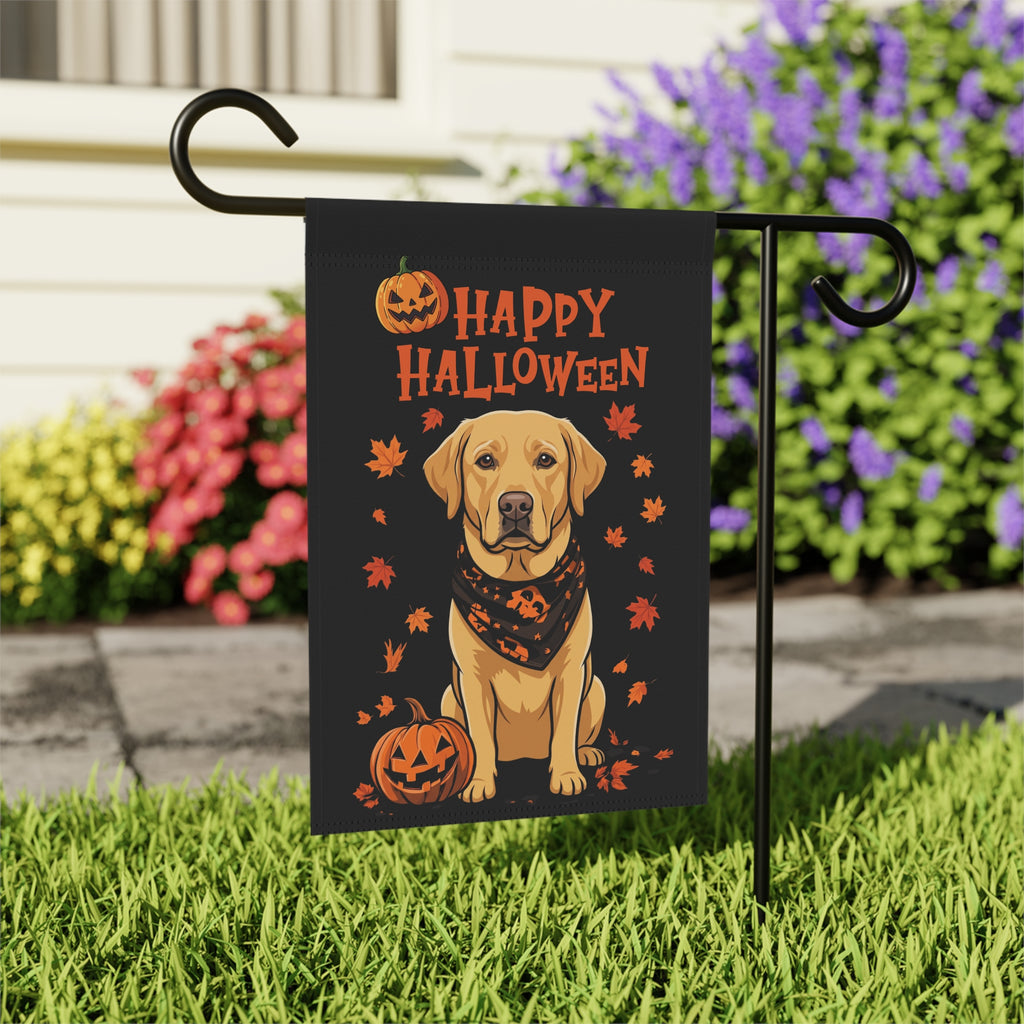 Little Pumpkin And Yellow Labrador Retriever Happy Halloween Garden Flag house flag mounted on a wall bracket at an angle against a house exterior