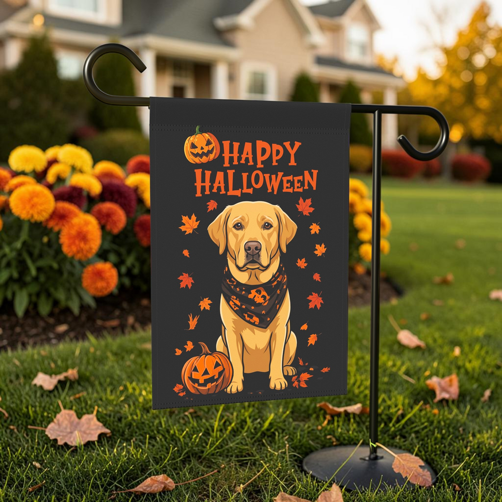 Little Pumpkin And Yellow Labrador Retriever Happy Halloween Garden Flag displayed on a garden flag stand in an outdoor Halloween setting
