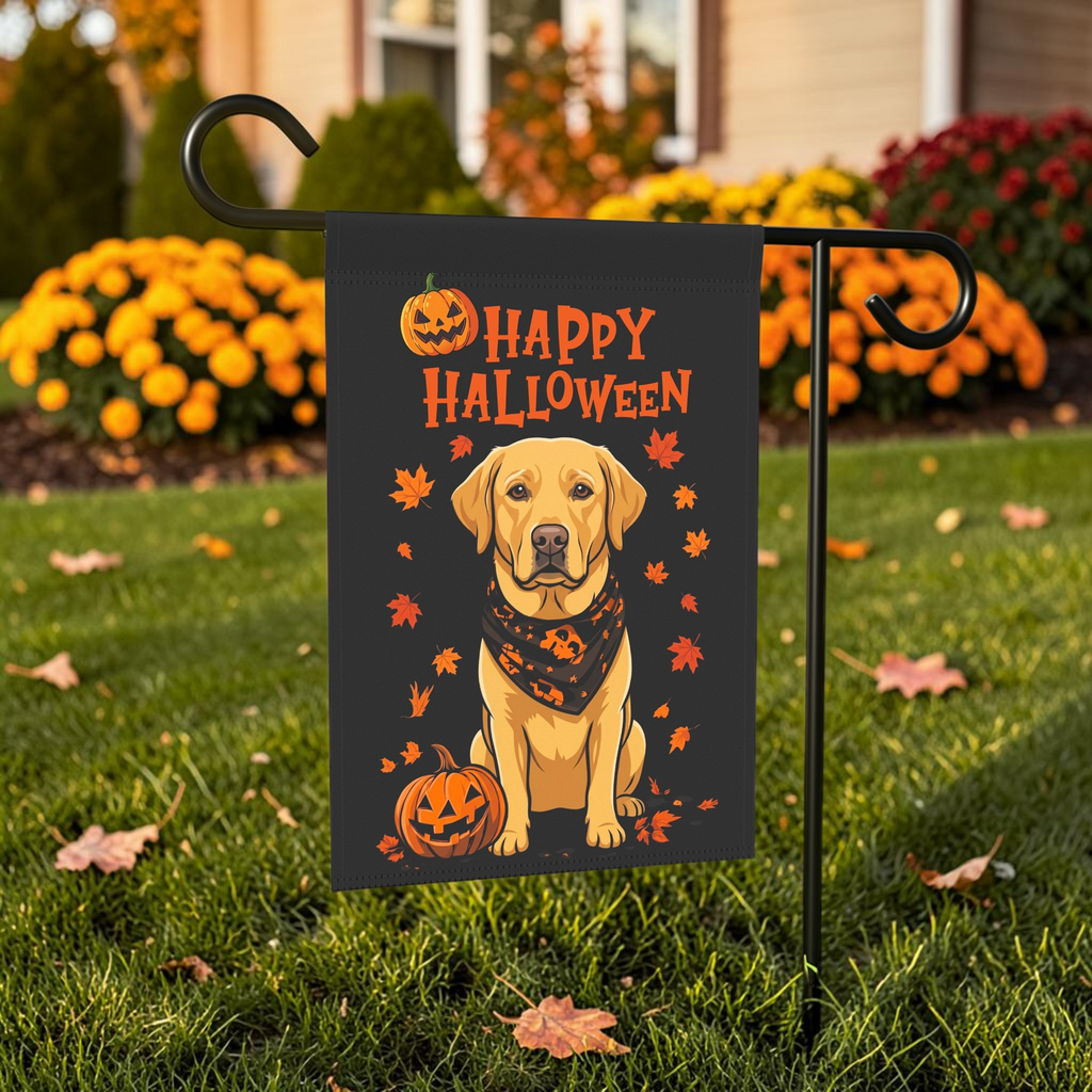 Little Pumpkin And Yellow Labrador Retriever Happy Halloween Garden Flag shown on a stand near a walkway with seasonal decorations