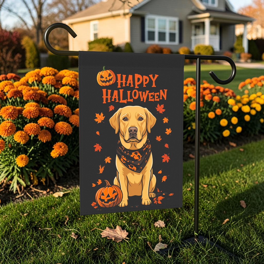 Little Pumpkin And Yellow Labrador Retriever Happy Halloween Garden Flag on a garden flag stand in front of a house with seasonal decor