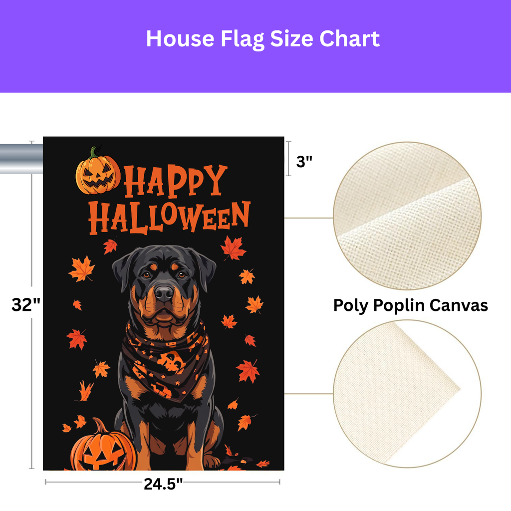 Little Pumpkin And Rottweiler  Outdoor on a garden flag stand in a garden bed with fall flowers