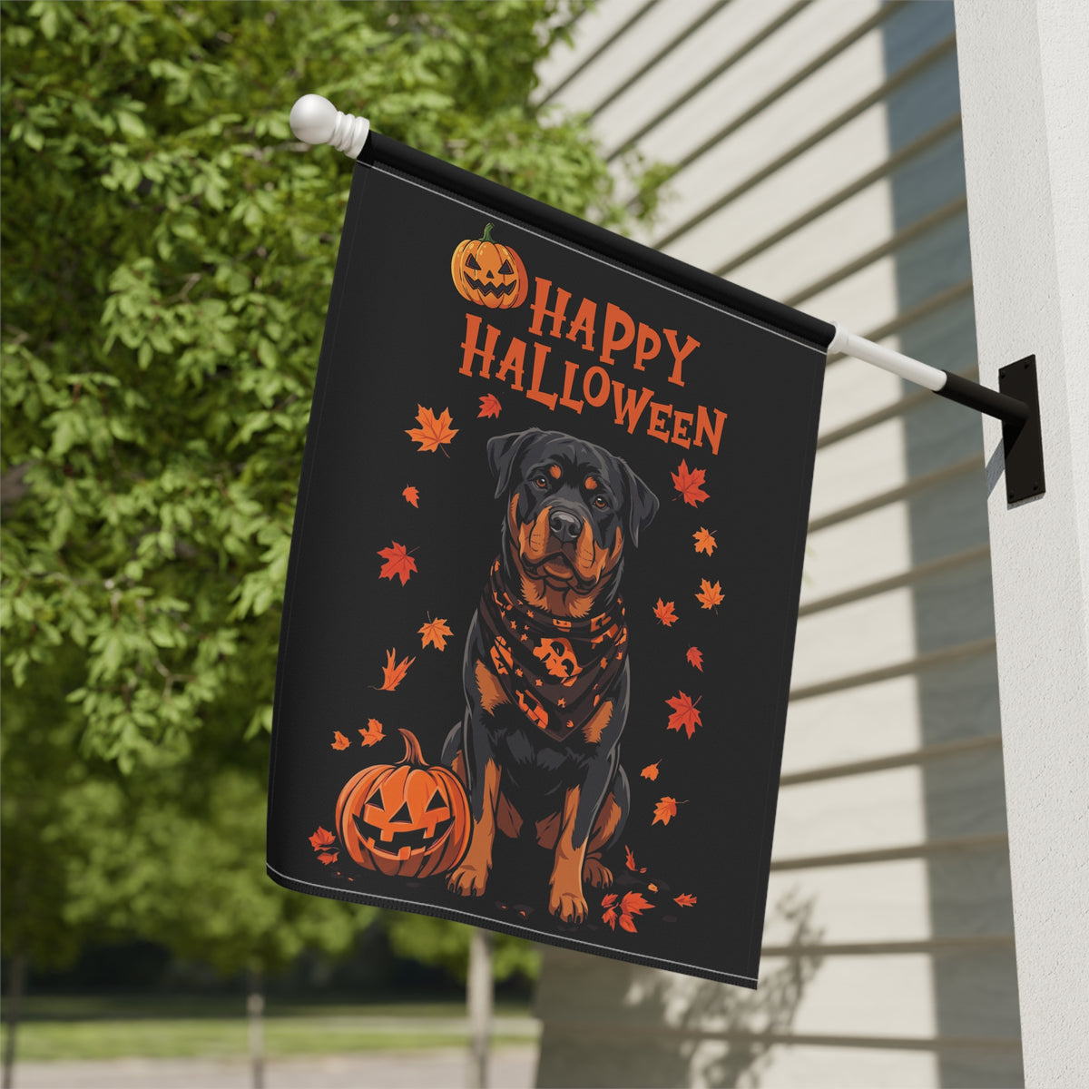 Garden flag size chart for the Little Pumpkin And Rottweiler  Outdoor showing 12 inch by 18 inch dimensions with a 1.25 inch top sleeve
