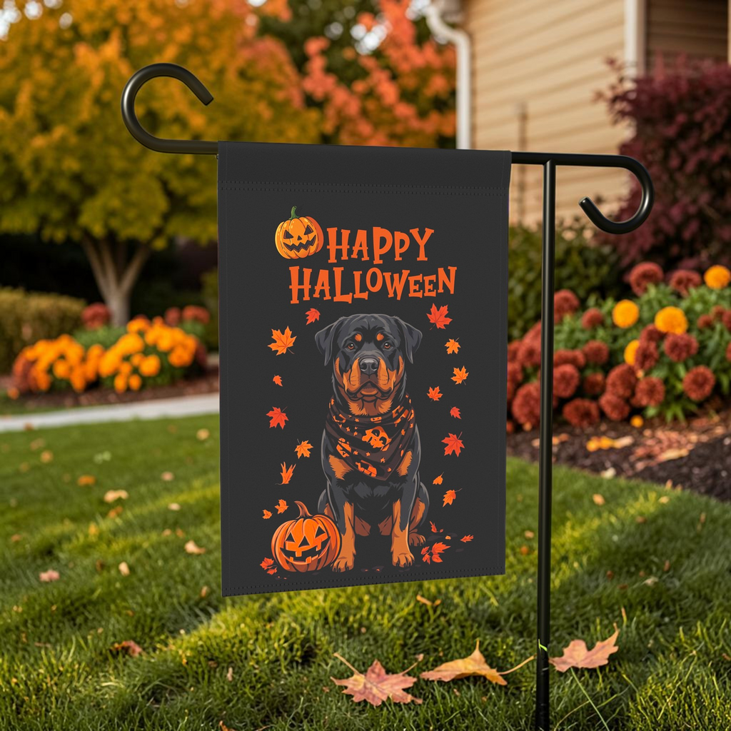 Little Pumpkin And Rottweiler  Outdoor shown on a stand near a walkway with seasonal decorations