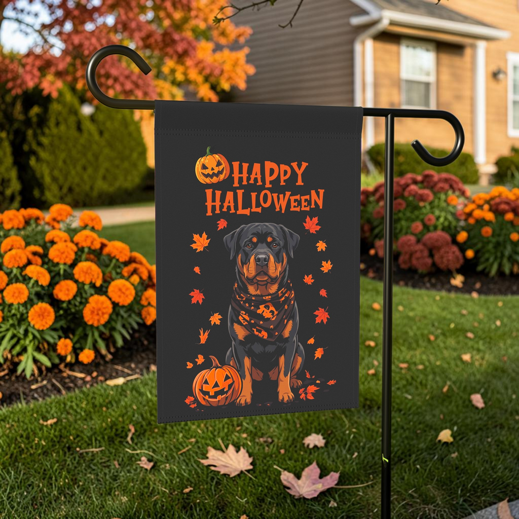 Little Pumpkin And Rottweiler  Outdoor on a garden flag stand in front of a house with seasonal decor