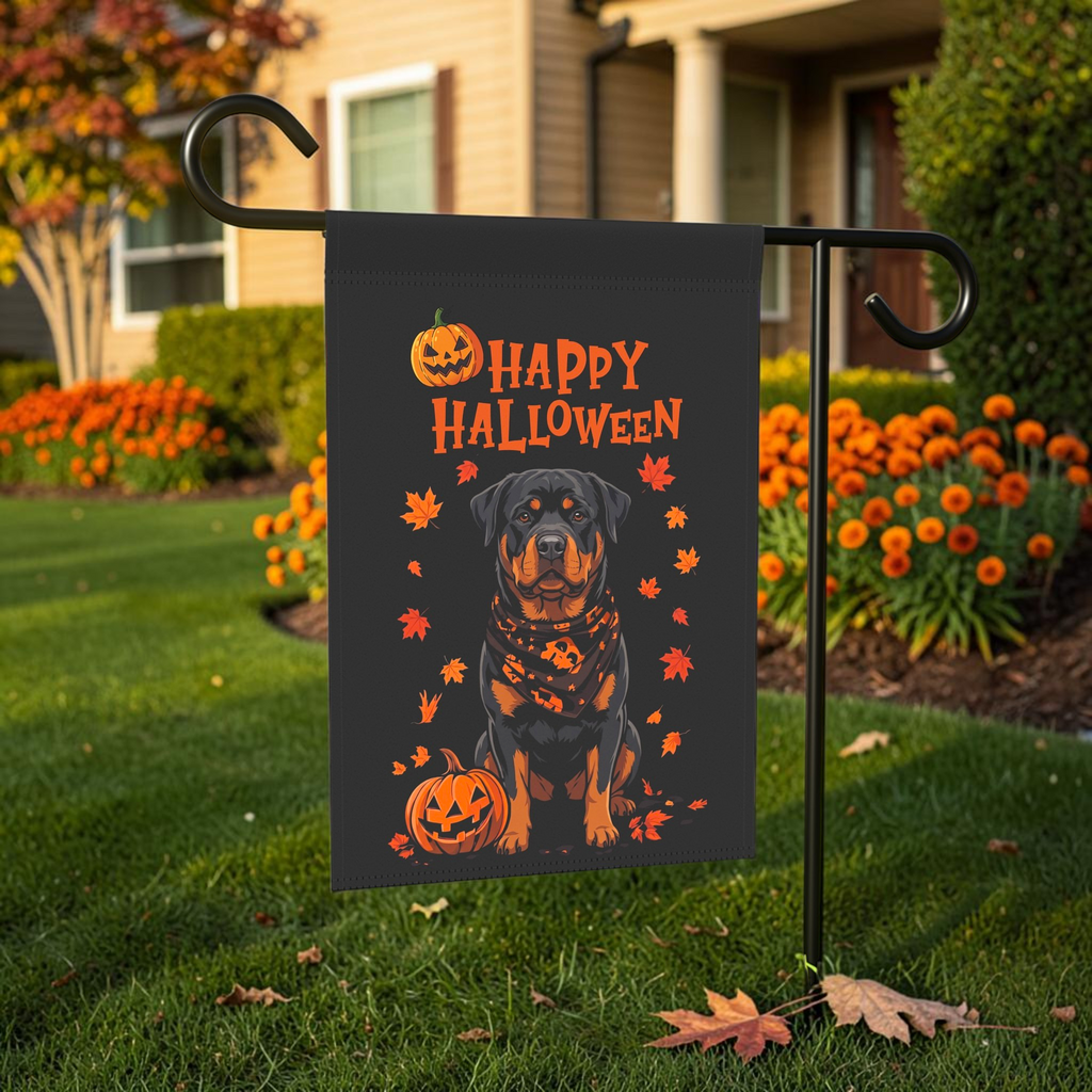 Little Pumpkin And Rottweiler  Outdoor displayed on a garden flag stand in an outdoor Halloween setting