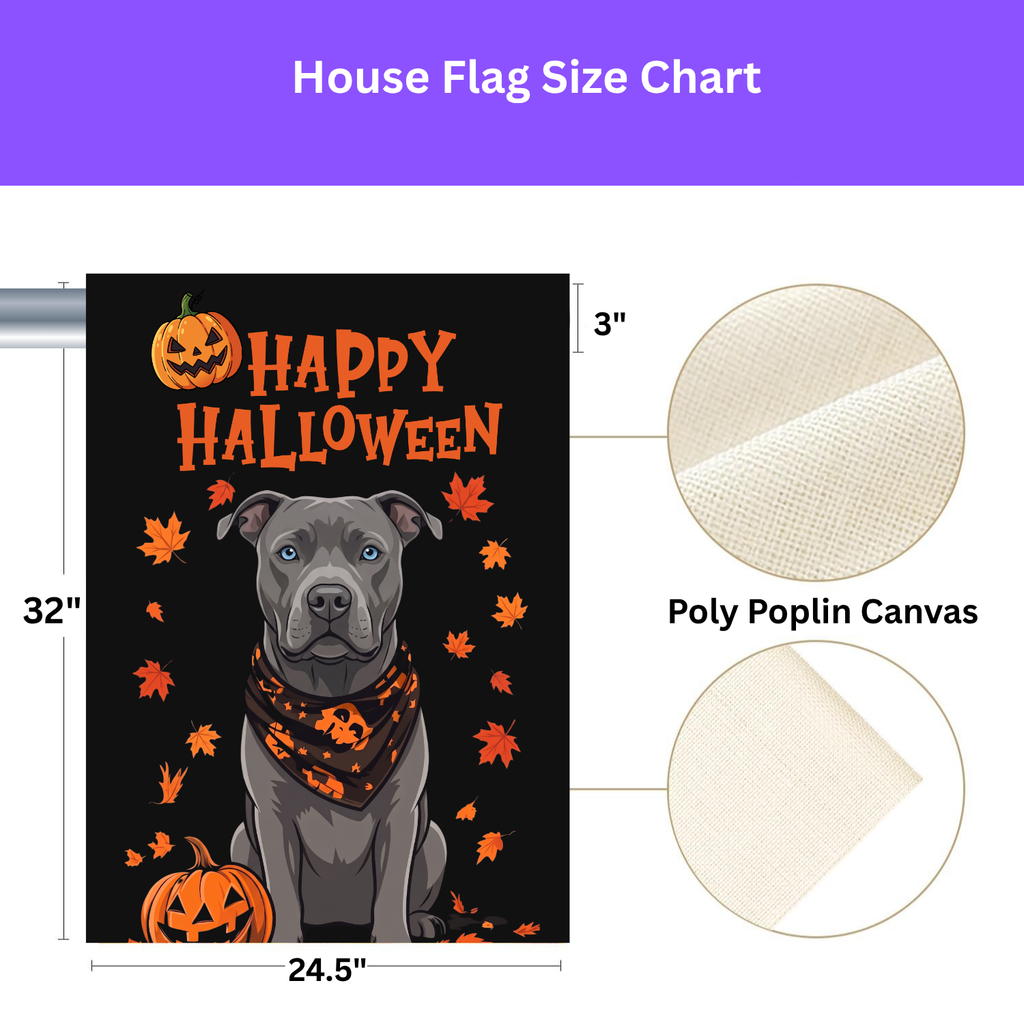 Little Pumpkin And Gray American Pitbull Terrier Happy Halloween Garden Flag on a garden flag stand in a garden bed with fall flowers