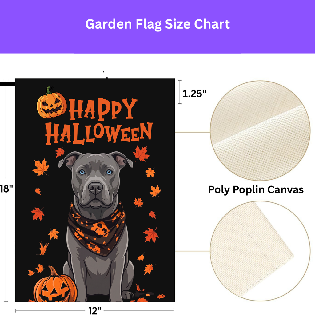 Double-sided display of the Little Pumpkin And Gray American Pitbull Terrier Happy Halloween Garden Flag showing the identical design on front and back