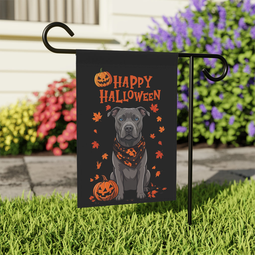 Little Pumpkin And Gray American Pitbull Terrier Happy Halloween Garden Flag house flag mounted on a wall bracket at an angle against a house exterior