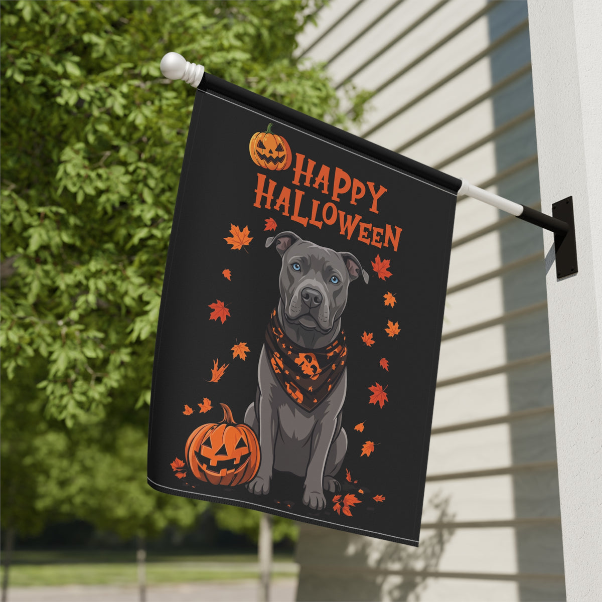Garden flag size chart for the Little Pumpkin And Gray American Pitbull Terrier Happy Halloween Garden Flag showing 12 inch by 18 inch dimensions with a 1.25 inch top sleeve