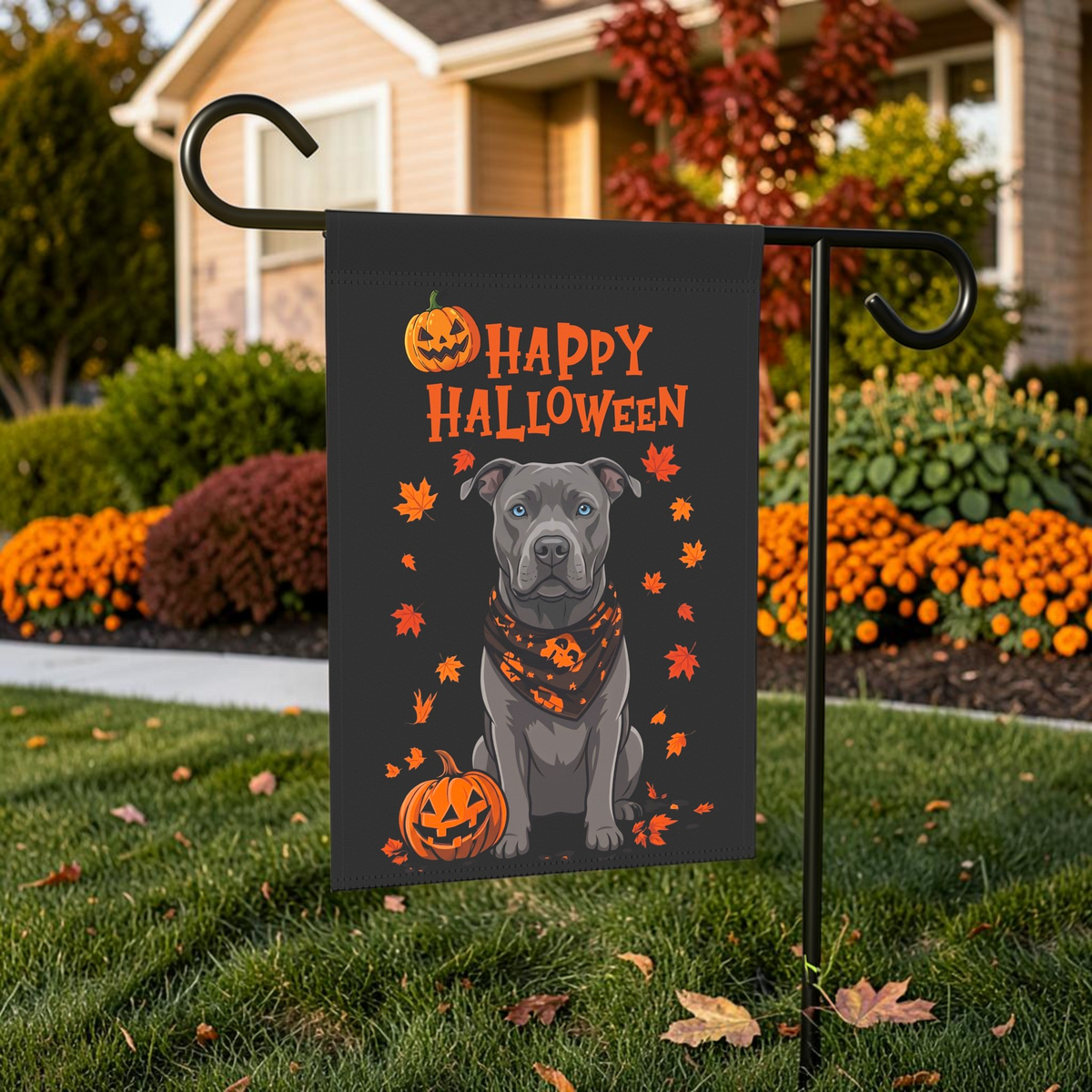 Little Pumpkin And Gray American Pitbull Terrier Happy Halloween Garden Flag displayed on a garden flag stand in an outdoor Halloween setting