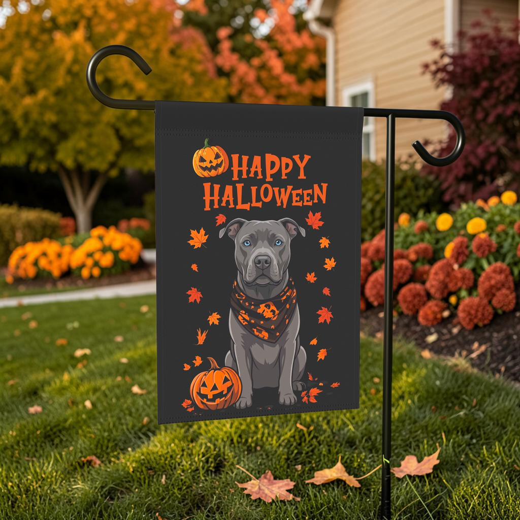 Little Pumpkin And Gray American Pitbull Terrier Happy Halloween Garden Flag on a garden flag stand in front of a house with seasonal decor