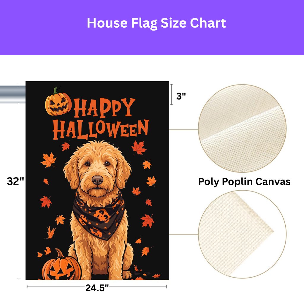 Little Pumpkin And Golden Noodle on a garden flag stand in a garden bed with fall flowers