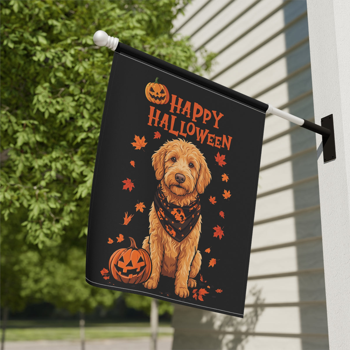 Garden flag size chart for the Little Pumpkin And Golden Noodle showing 12 inch by 18 inch dimensions with a 1.25 inch top sleeve