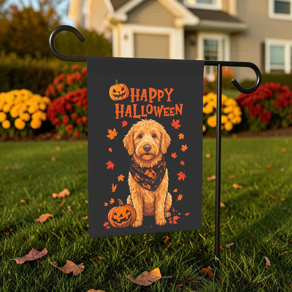 Little Pumpkin And Golden Noodle displayed on a garden flag stand in an outdoor Halloween setting