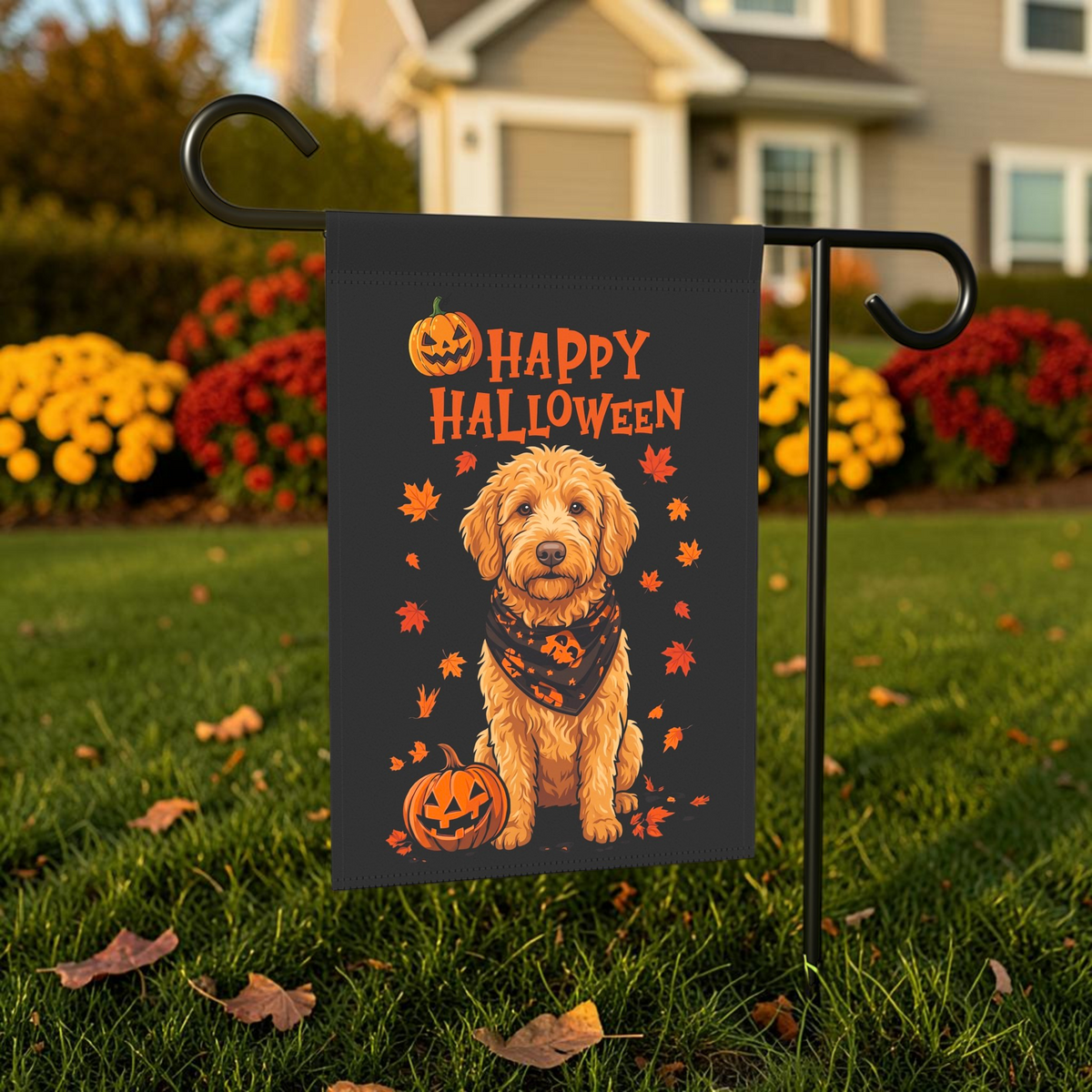 Little Pumpkin And Golden Noodle displayed on a garden flag stand in an outdoor Halloween setting