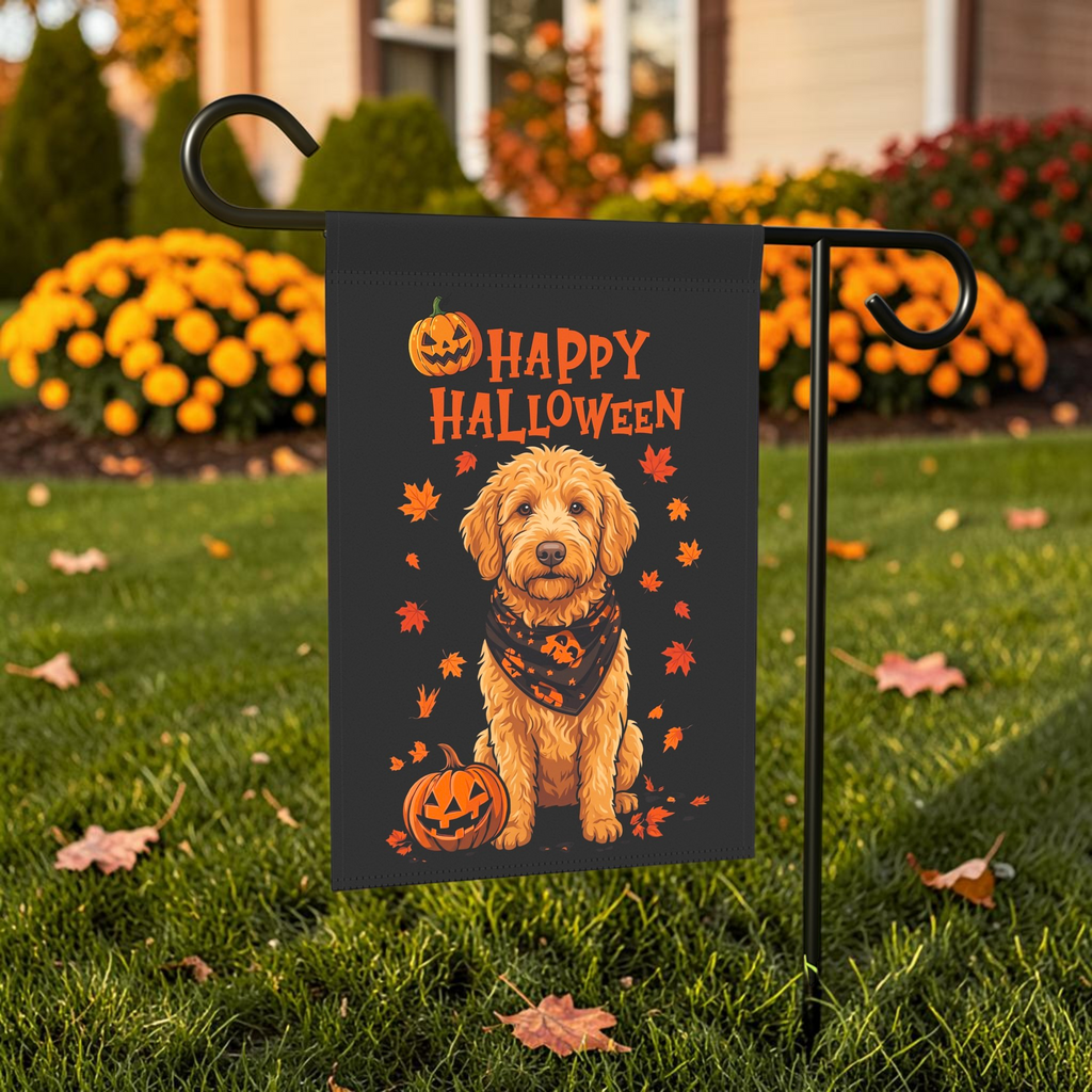 Little Pumpkin And Golden Noodle shown on a stand near a walkway with seasonal decorations
