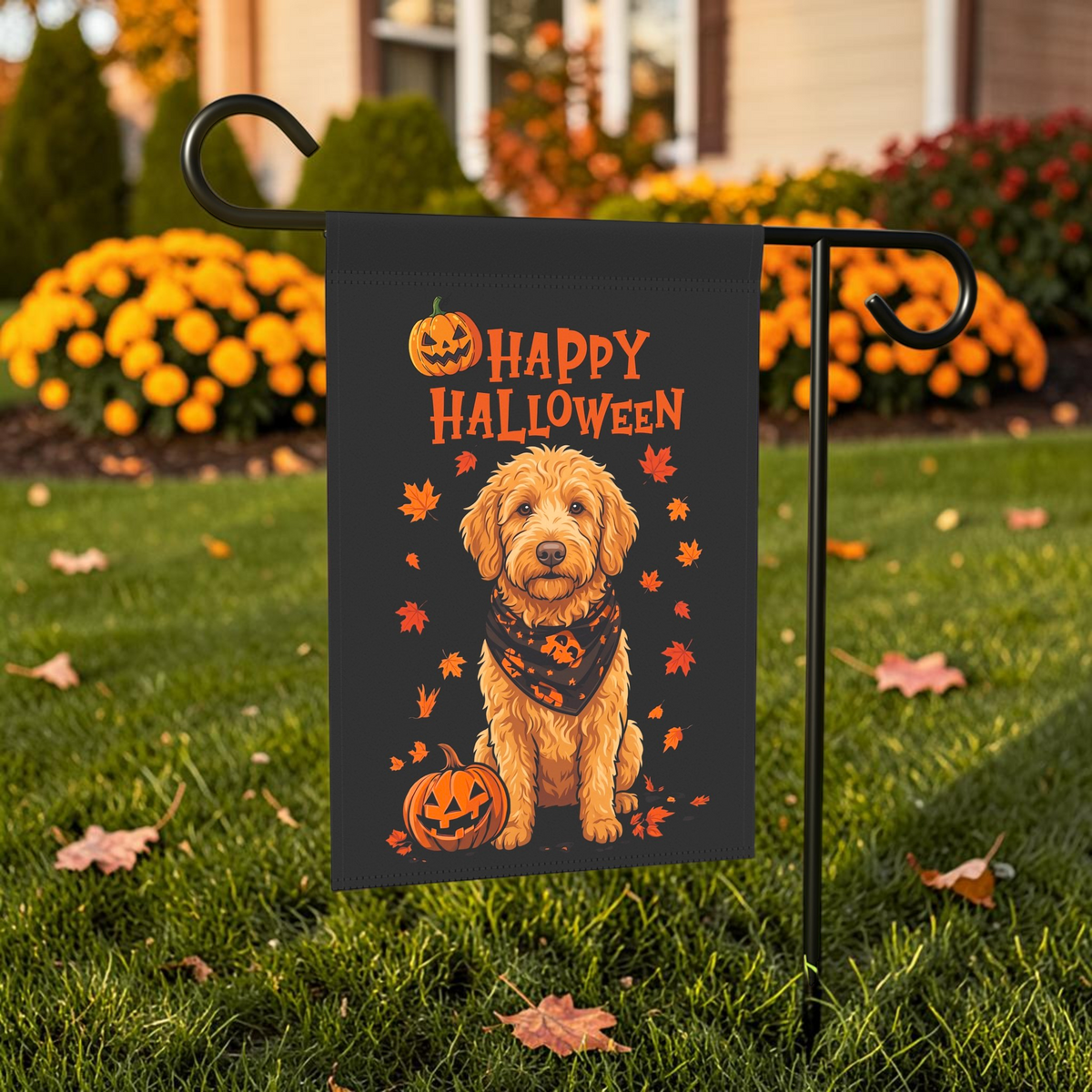Little Pumpkin And Golden Noodle shown on a stand near a walkway with seasonal decorations