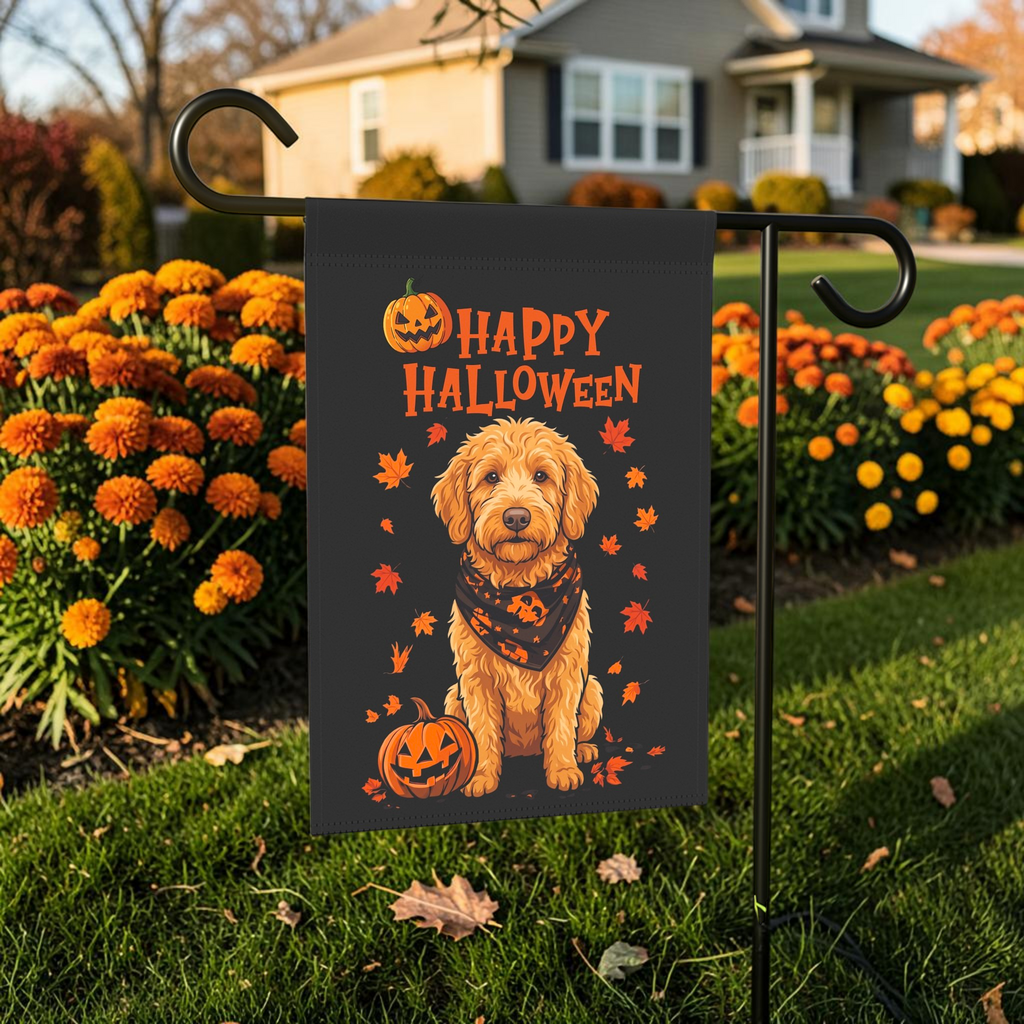Little Pumpkin And Golden Noodle on a garden flag stand in front of a house with seasonal decor