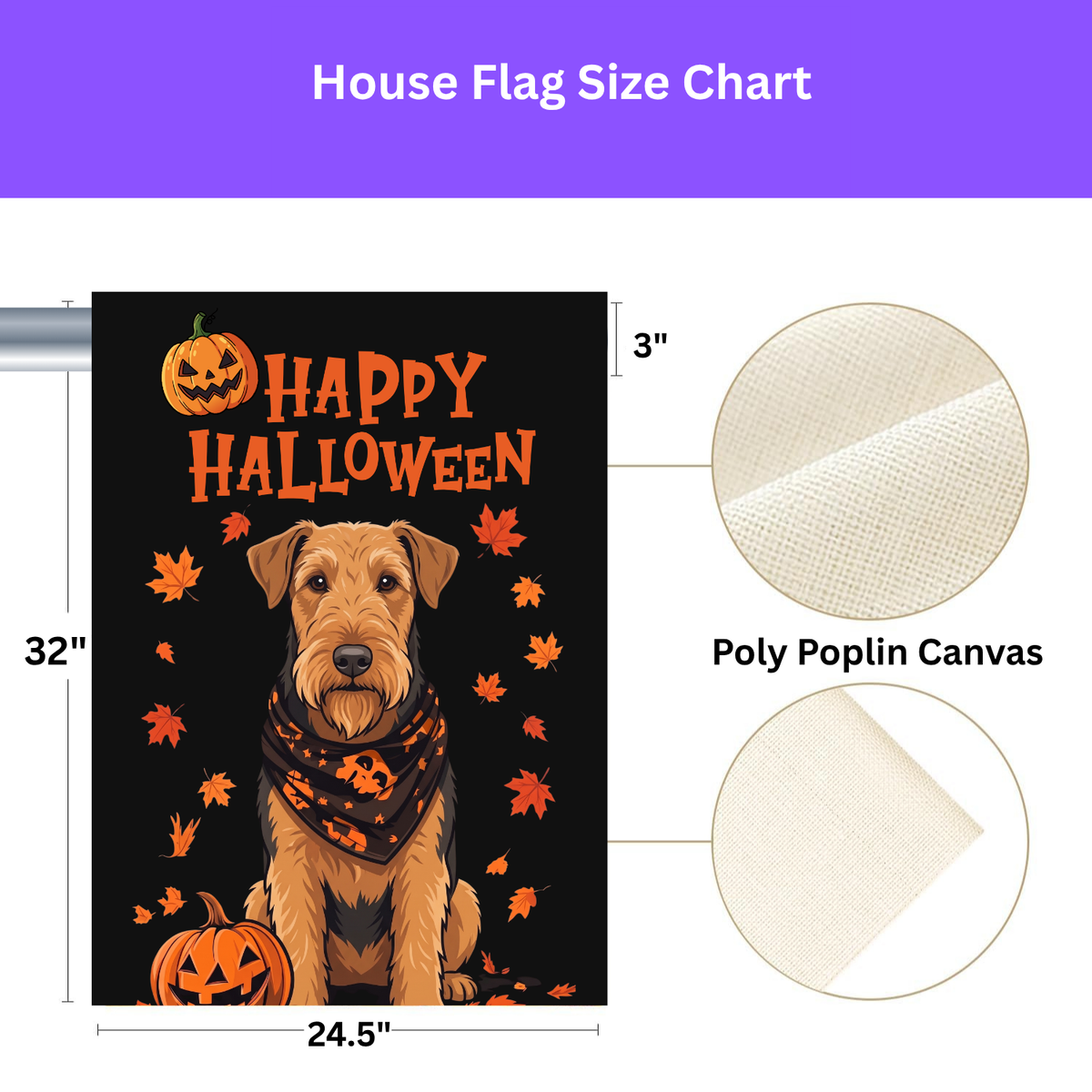 Little Pumpkin And Airedale Terrier on a garden flag stand in a garden bed with fall flowers