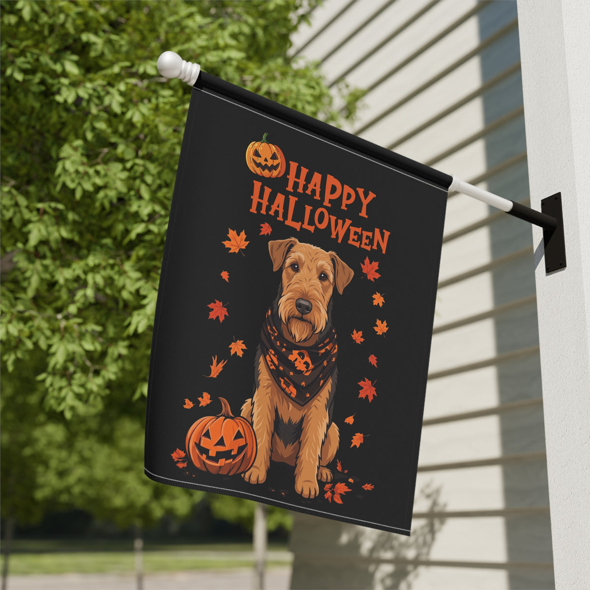 Garden flag size chart for the Little Pumpkin And Airedale Terrier showing 12 inch by 18 inch dimensions with a 1.25 inch top sleeve