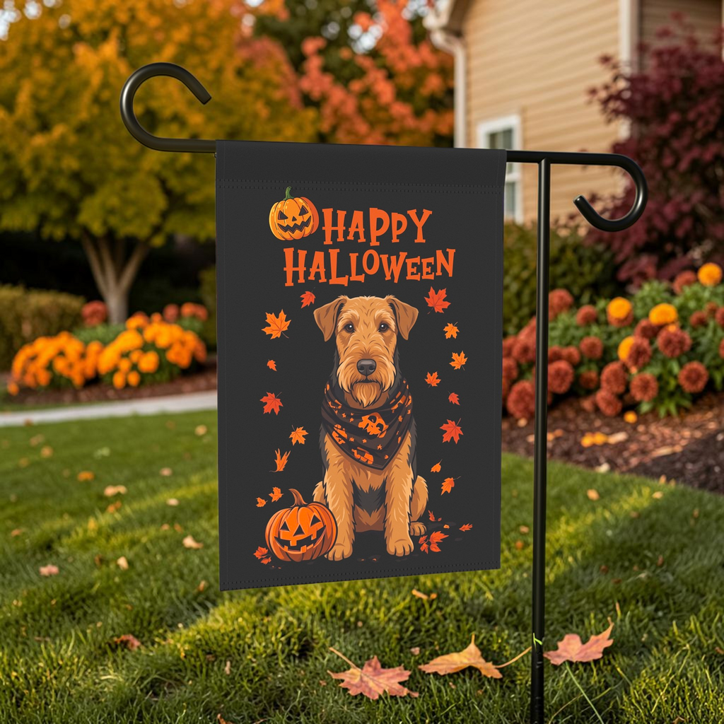 Little Pumpkin And Airedale Terrier displayed on a garden flag stand in an outdoor Halloween setting