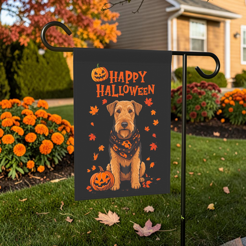 Little Pumpkin And Airedale Terrier shown on a stand near a walkway with seasonal decorations