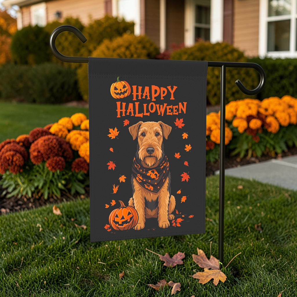 Little Pumpkin And Airedale Terrier on a garden flag stand in front of a house with seasonal decor