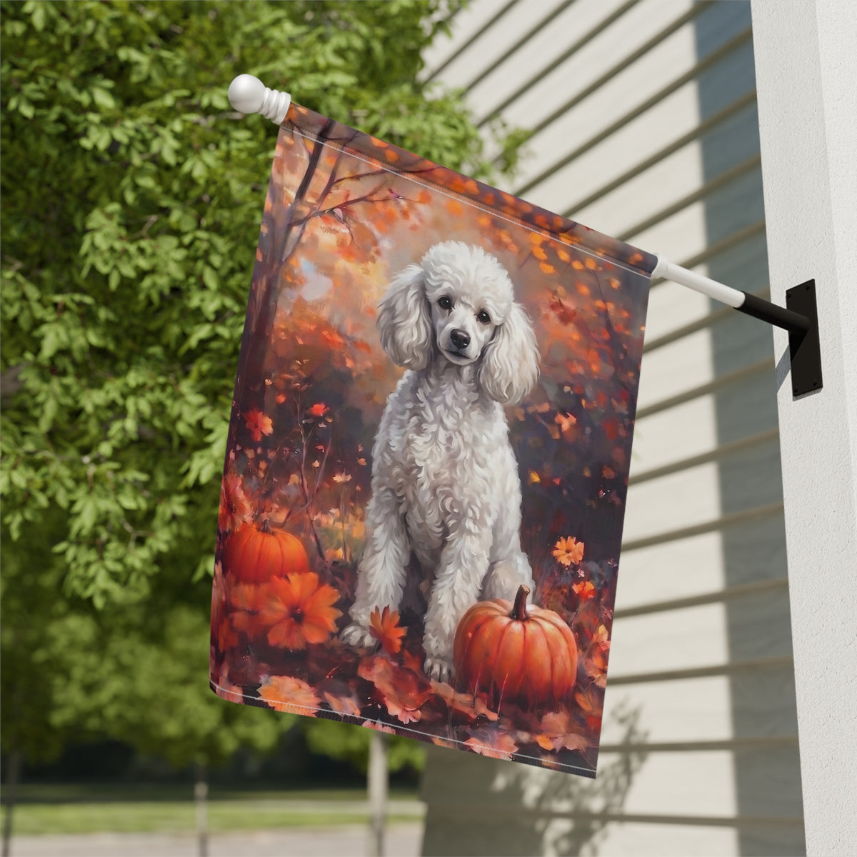 Garden flag size chart for the Fall White Toy Poodle With Pumpkins showing 12 inch by 18 inch dimensions with a 1.25 inch top sleeve