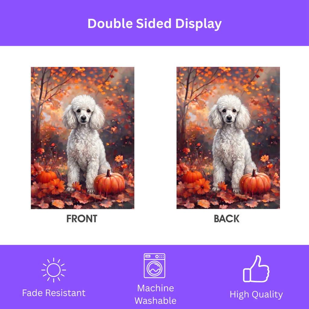 House flag size chart for the Fall White Toy Poodle With Pumpkins showing 24.5 inch by 32 inch dimensions with a 3 inch top sleeve