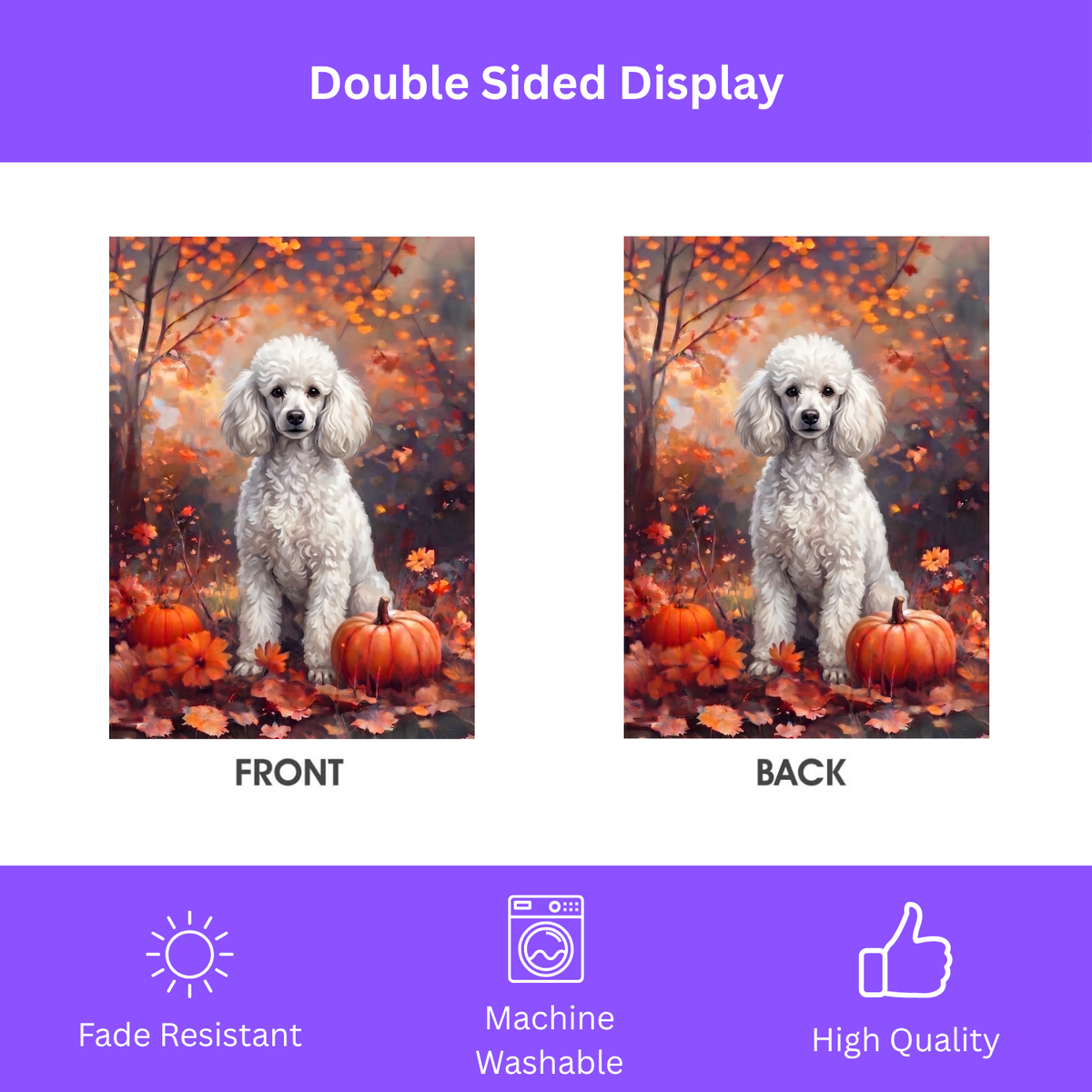 House flag size chart for the Fall White Toy Poodle With Pumpkins showing 24.5 inch by 32 inch dimensions with a 3 inch top sleeve