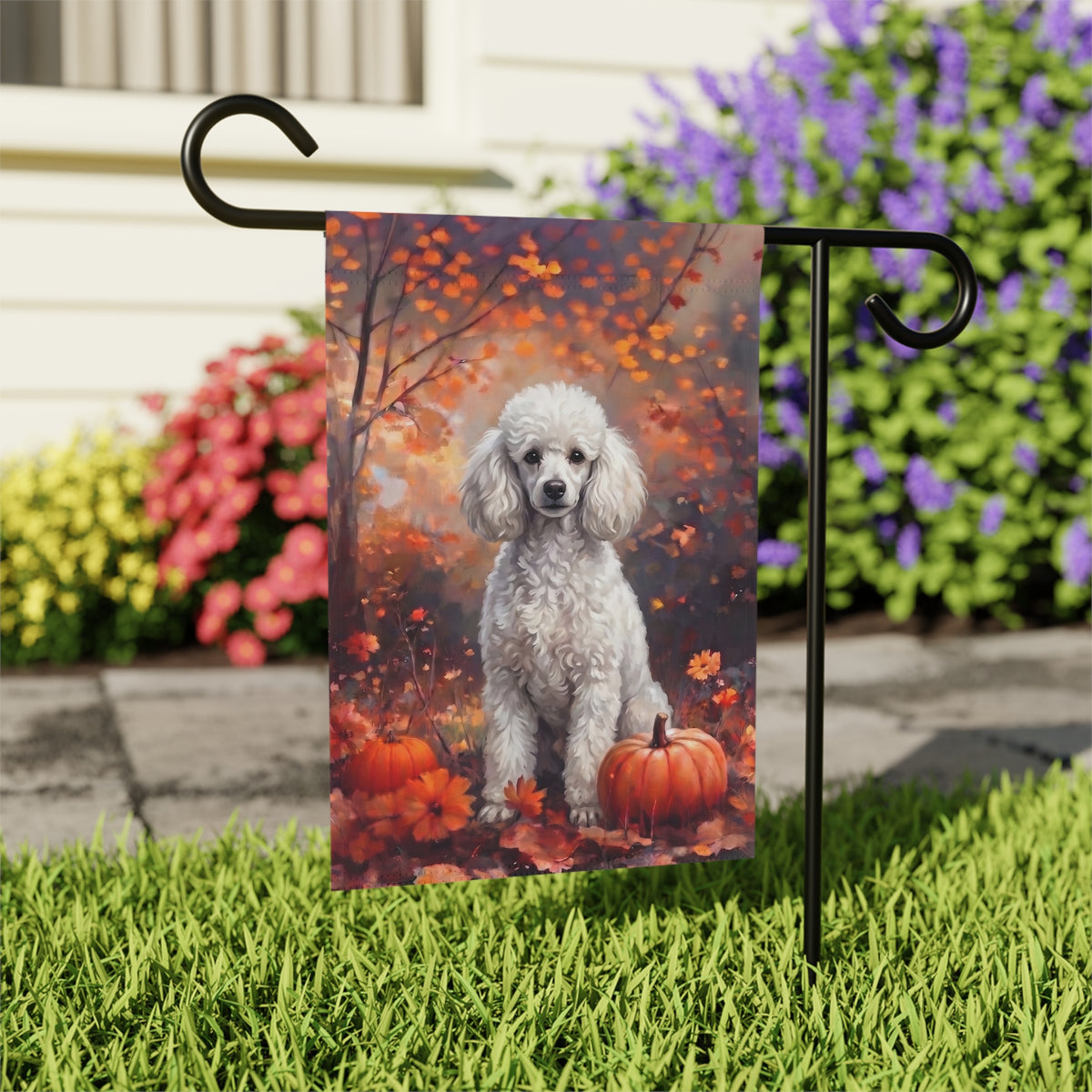 Fall White Toy Poodle With Pumpkins house flag mounted on a wall bracket at an angle against a house exterior
