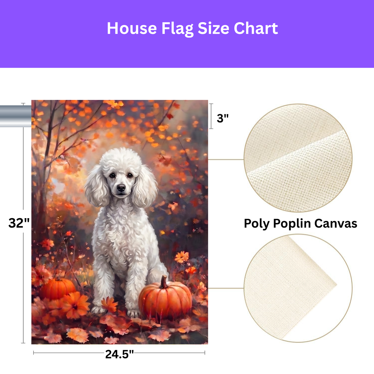 Fall White Toy Poodle With Pumpkins on a garden flag stand in a garden bed with fall flowers