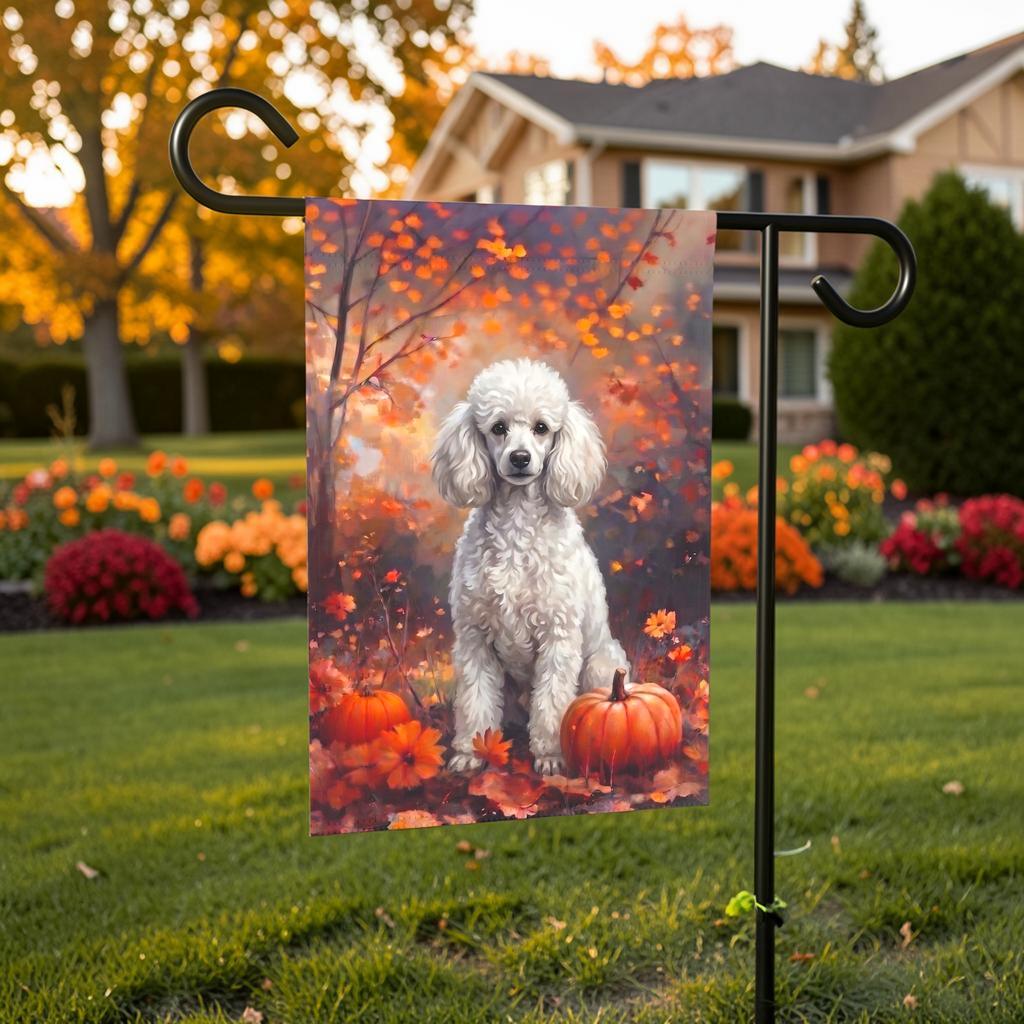 Fall White Toy Poodle With Pumpkins shown on a stand near a walkway with autumn flowers