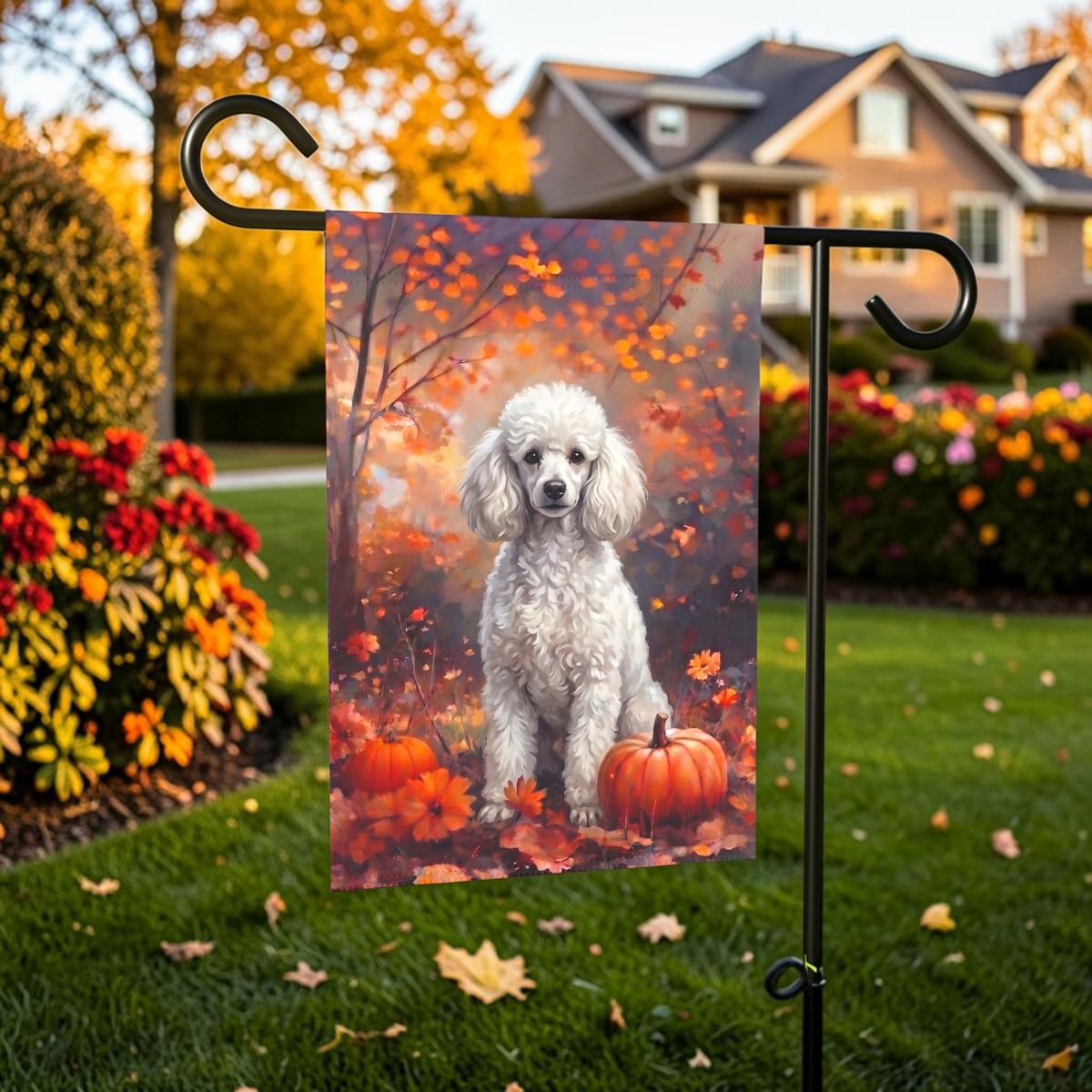 Fall White Toy Poodle With Pumpkins displayed on a garden flag stand in an outdoor garden setting