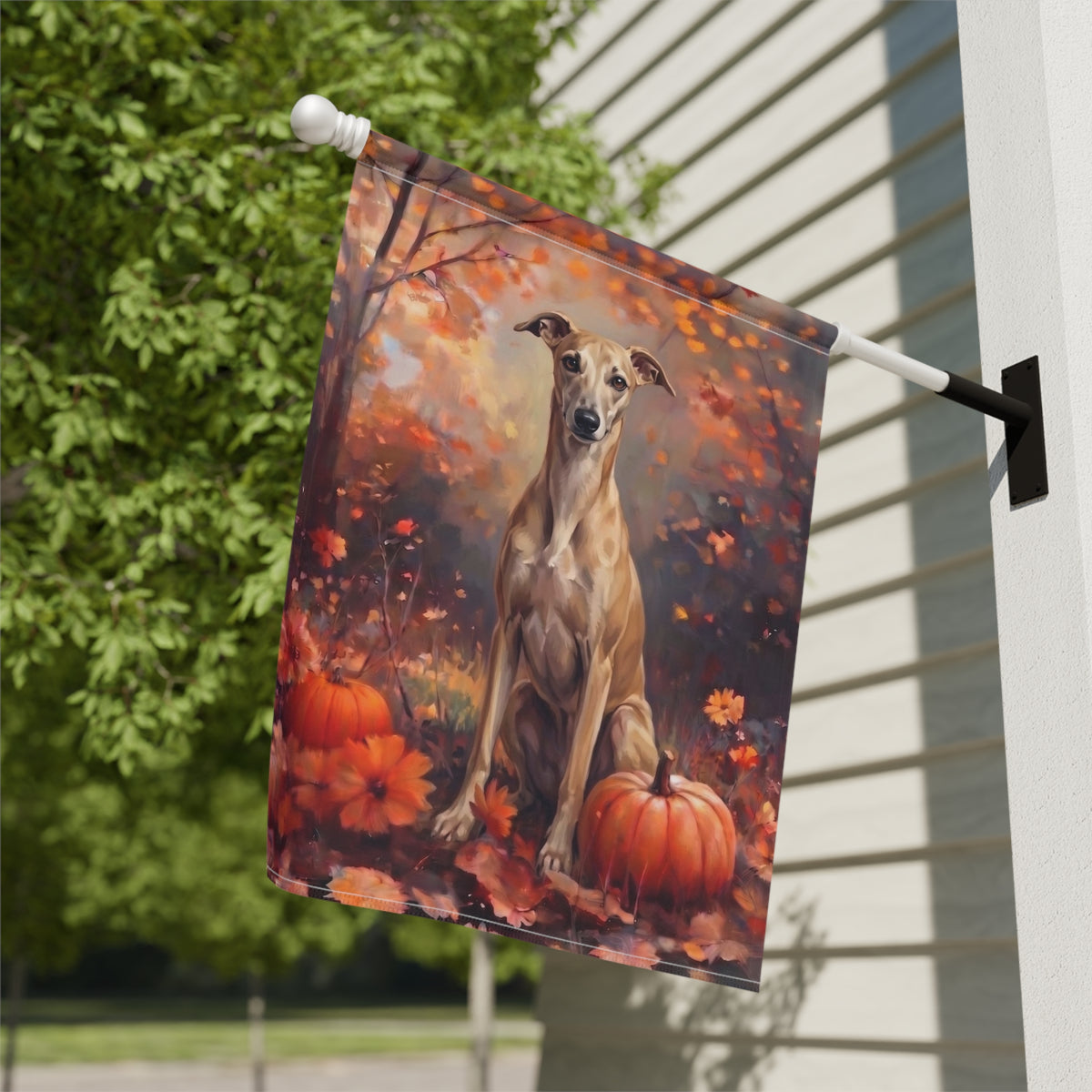 Garden flag size chart for the Fall Whippet With Pumpkins showing 12 inch by 18 inch dimensions with a 1.25 inch top sleeve
