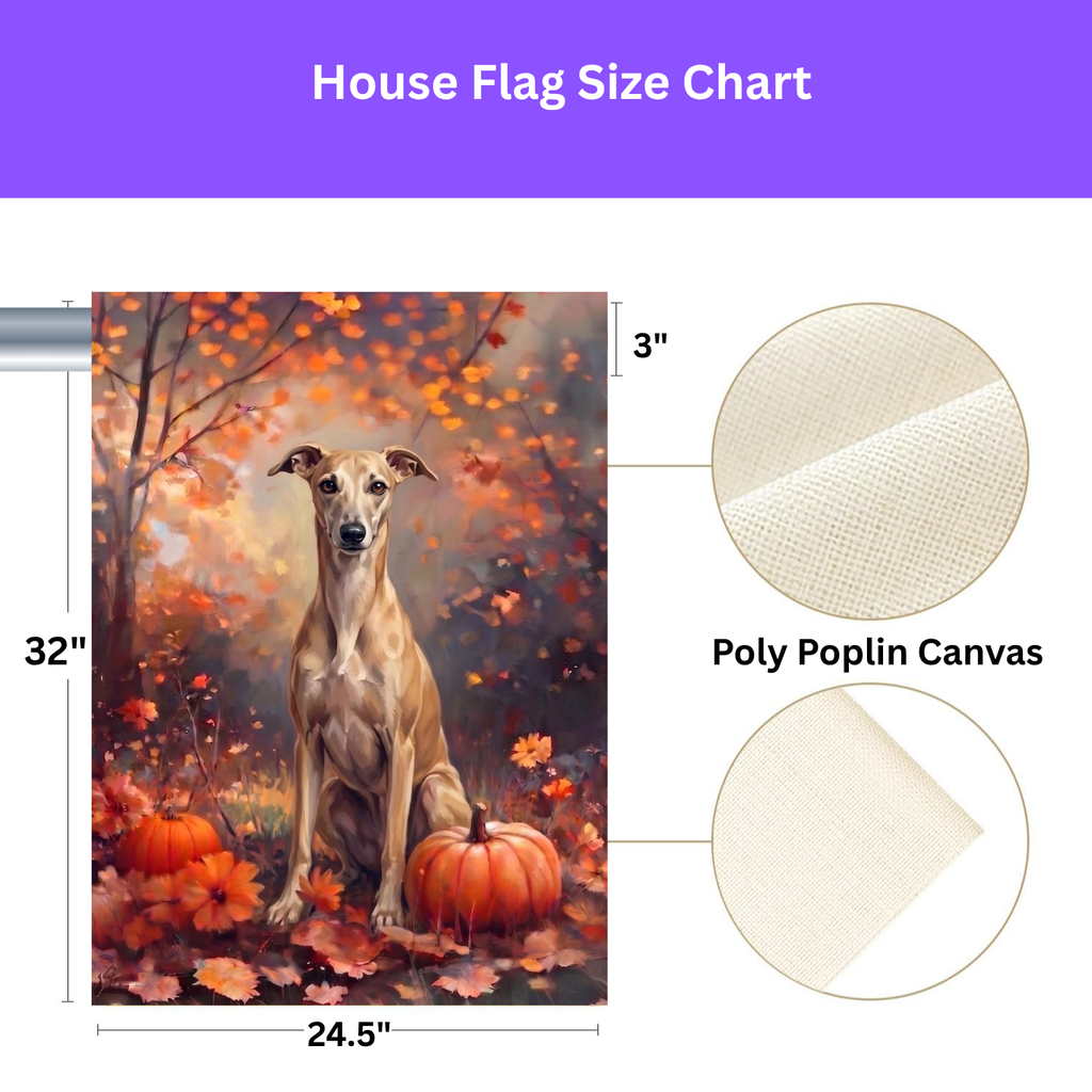 House flag size chart for the Fall Whippet With Pumpkins showing 24.5 inch by 32 inch dimensions with a 3 inch top sleeve